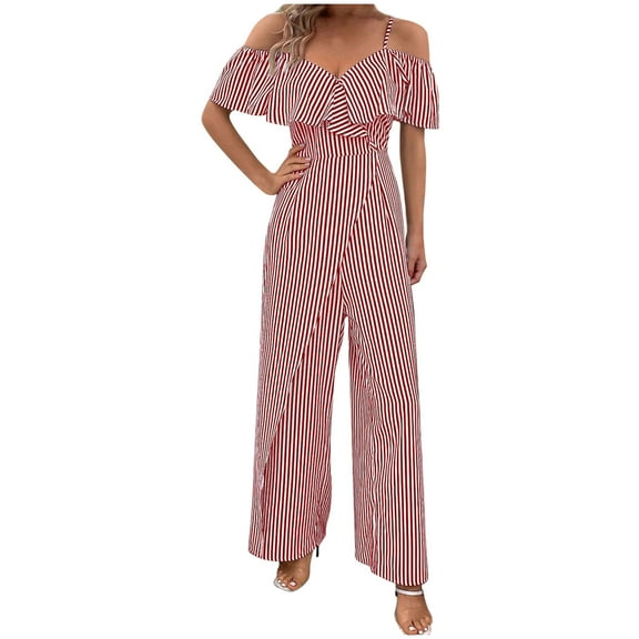 biudgviw Jumpsuits for Women off the Shoulder Ruffle Boho Vacation One Piece Wide Leg Palazzo Pants Rompers Striped Date Night Outfits