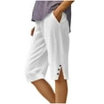 thumbnail image 1 of biudgviw Knee Length Shorts Women Straight Leg Elastic Leg Cotton Linen Bermuda Shorts Trendy Streetwear Plus Size Shorts with Pockets, 1 of 6