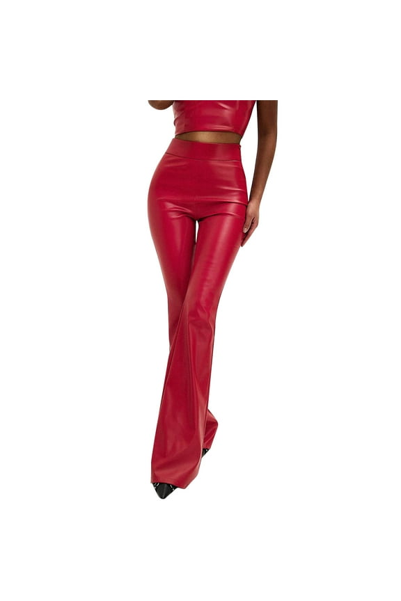 Leather Leggings for Women Casual High Waisted Wide Leg Flare Pants Trendy PU Skinny Bell Bottom Tights
