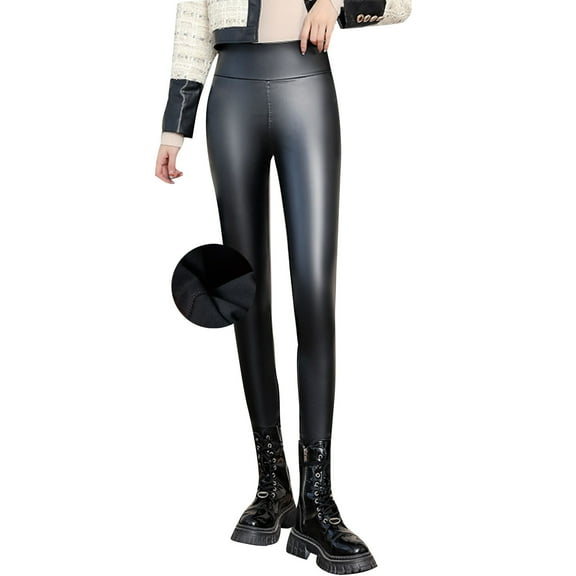 biudgviw Leather Leggings for Women Fleece Lined High Waisted Winter Warm Tights PU Skinny Thermal Pants for Outdoor Activities