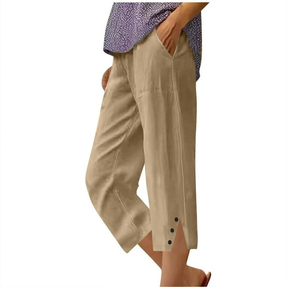 biudgviw Linen Pants for Women Elastic Waist Wide Leg Capris Pants Side Split Travel Vacation Casual Pants with Pockets