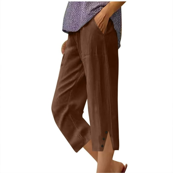 biudgviw Linen Pants for Women Elastic Waist Wide Leg Capris Pants Side Split Travel Vacation Casual Pants with Pockets