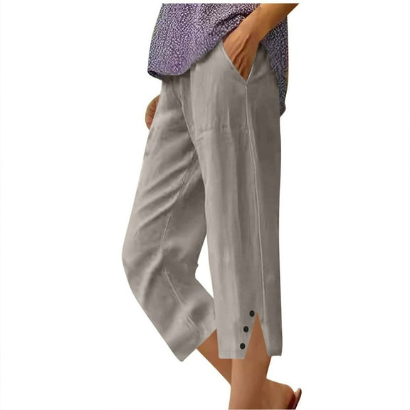 biudgviw Linen Pants for Women Elastic Waist Wide Leg Capris Pants Side Split Travel Vacation Casual Pants with Pockets