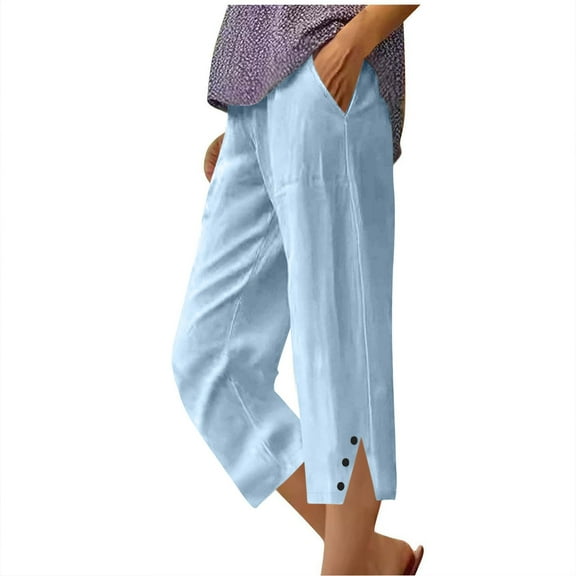 biudgviw Linen Pants for Women Elastic Waist Wide Leg Capris Pants Side Split Travel Vacation Casual Pants with Pockets