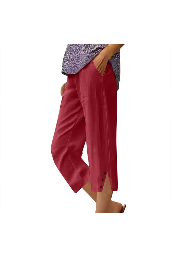 Linen Pants for Women Elastic Waist Wide Leg Capris Pants Side Split Travel Vacation Casual Pants with Pockets