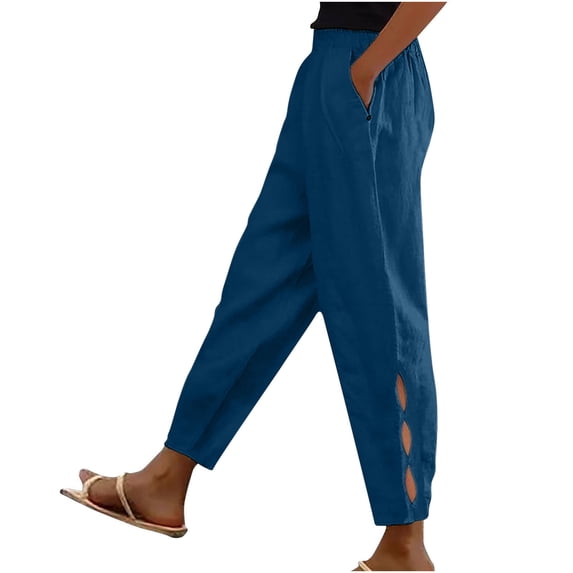 biudgviw Linen Pants for Women High Waisted Plus Size Summer Pants Baggy Vacation Beach Clothes Wide Leg Cropped Trousers with Pockets