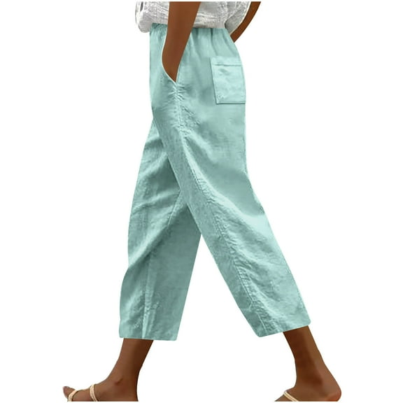 biudgviw Linen Pants for Women Summer Beach Trousers High Waisted Capri Pants with Pockets Wide Leg Cropped Pants Trendy Clothes