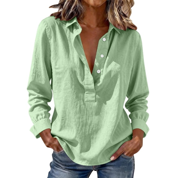 biudgviw Linen Shirts for Women Button Up Long Sleeve Tunic Blouses Lightweight Casual Collared Office Work Tops Spring Summer Clothes