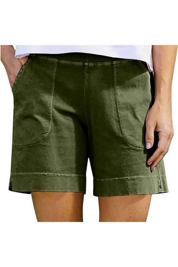 Linen Shorts for Women Summer Elastic Waisted Plus Size Bermuda Shorts Loose Fit Lounge Shorts with Pockets