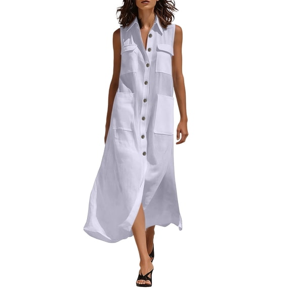 biudgviw Long Dresses for Women Casual Button Down Sleeveless Dress Fashion Loose V Neck Flowy Dress with Multi Pockets