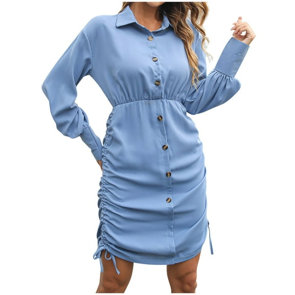 biudgviw Long Sleeve Dresses for Women Casual Fall Buttons down Shirts Dress Fashion Loose Side Ruched Work Dress