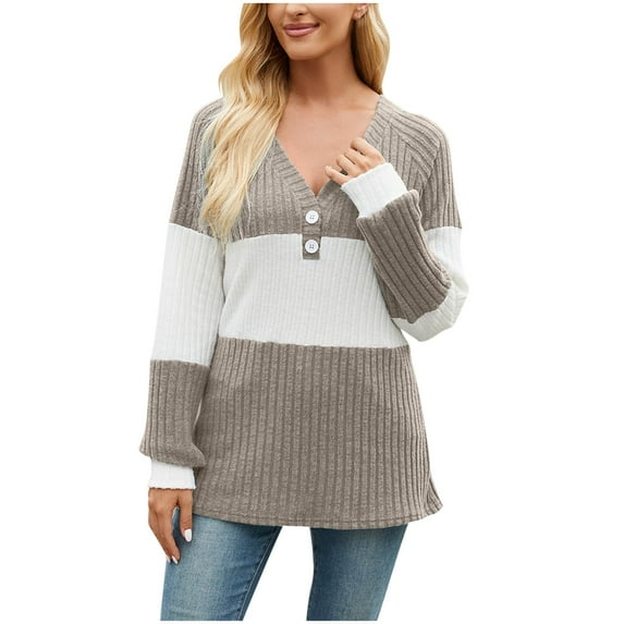 biudgviw Long Sleeve Shirts for Women Color Block Button V Neck Tops Casual Comfy Fall Blouses Fashion Clothing