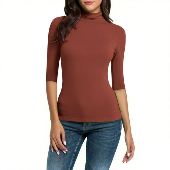 biudgviw Long Sleeve Shirts for Women Comfy Turtleneck 3/4 Sleeve Lightweight Base Layer Casual Slim Fit Thermal Underwear Tops