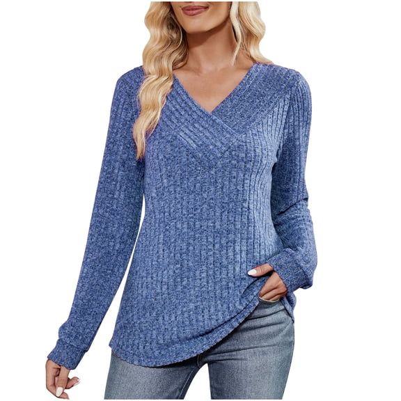 biudgviw Long Sleeve Shirts for Women Fall V Neck Ribbed Knit Tunic Tops Casual Comfy Soft Sweaters Fashion Outfits
