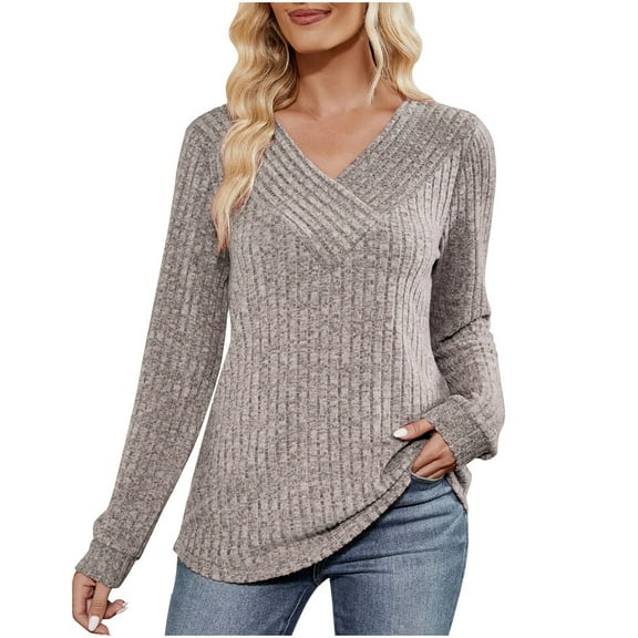 biudgviw Long Sleeve Shirts for Women Fall V Neck Ribbed Knit Tunic Tops Casual Comfy Soft Sweaters Fashion Outfits