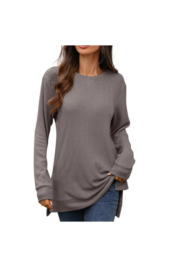Long Sleeve Shirts for Women Side Split Crew Neck Knit Tunic Tops Casual Loose Fit Fall Winter Textured Blouses Fashion Clothing