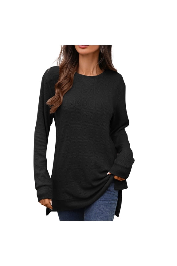 Long Sleeve Shirts for Women Side Split Crew Neck Knit Tunic Tops Casual Loose Fit Fall Winter Textured Blouses Fashion Clothing