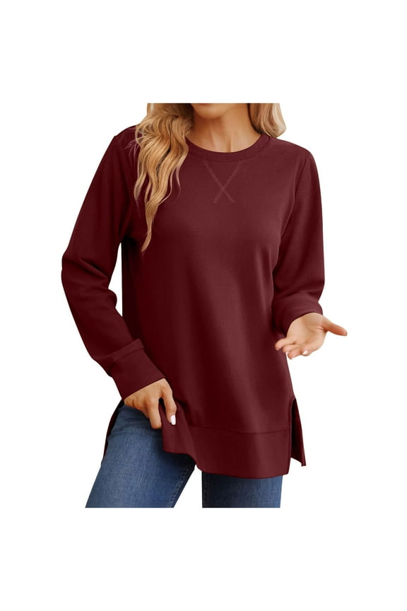 Long Sleeve Shirts for Women Side Split Crew Neck Tunic Tops Casual Loose Fit Pullover Shirts Fashion Clothing