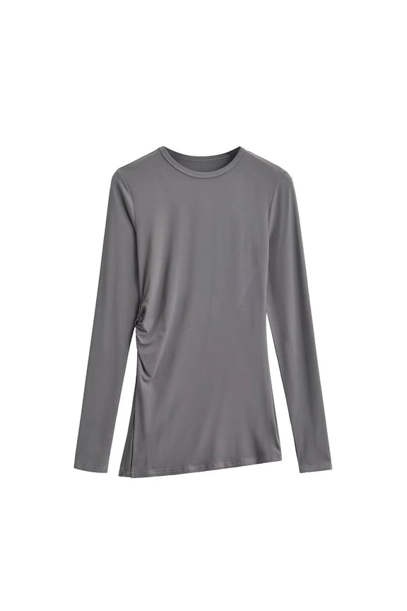 Long Sleeve Shirts for Women Side Split Pleated Layering Tops Casual Soft Crew Neck Basic Tees Fall Clothes