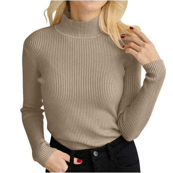 biudgviw Long Sleeve Sweater for Women Knitted Long Sleeve High Neck Slim Undershirts Fall Winter Solid Color Pullovers