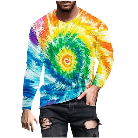 biudgviw Long Sleeve Tie Dye T-Shirt for Men Breathable Casual Soft Crewneck Workout Fitness Tee Outdoor Fashion Oversized Tops S-4XL