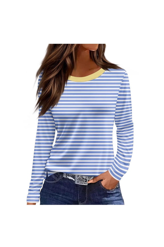 Long Sleeve Tops for Women Lightweight Crew Neck Striped Shirt Dressy Casual Side Split Basic Tees Fashion Clothing