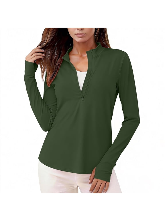 Long Sleeve Workout Tops for Women Quick Dry Stand Collar Athletic Shirts Sun Protection Quarter Zip Pullover with Thumb Holes