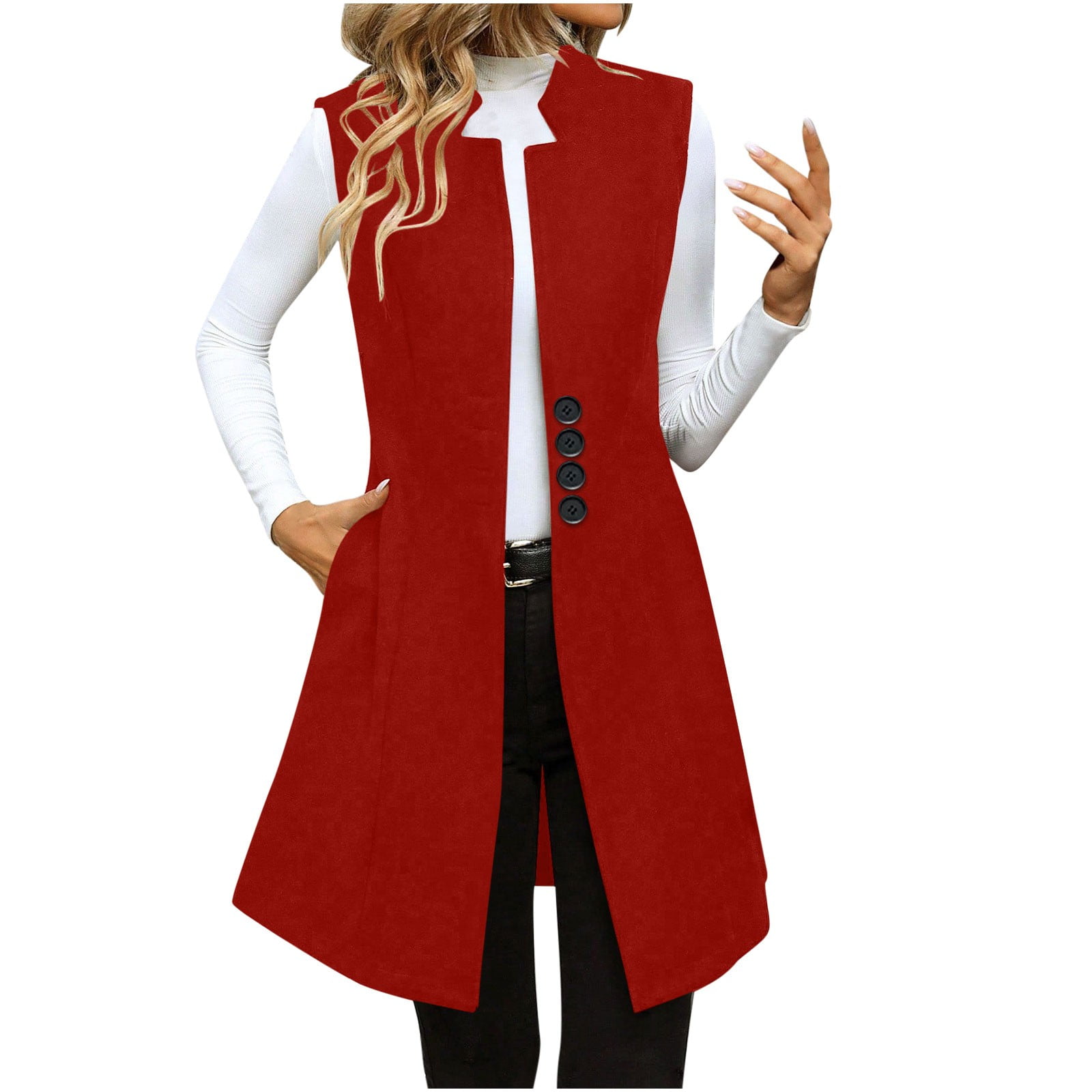 Long Vest for Women Sleeveless Lapel Button Cardigan Comfy Casual Loose Fall Blazer Jackets with Pockets