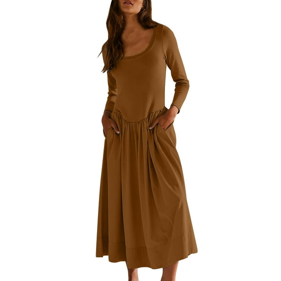 biudgviw Lounge Dresses for Women Loose Long Sleeve Scoop Neck Fall Dress Solid Color Beach Maxi Dress with Pockets