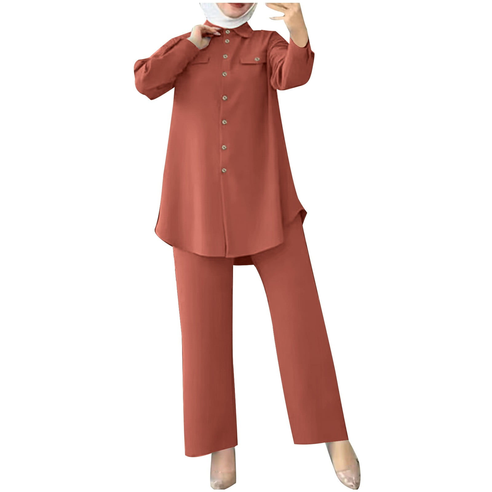 Collared Neck Long Sleeve Top and Pants Lounge Set main image 0