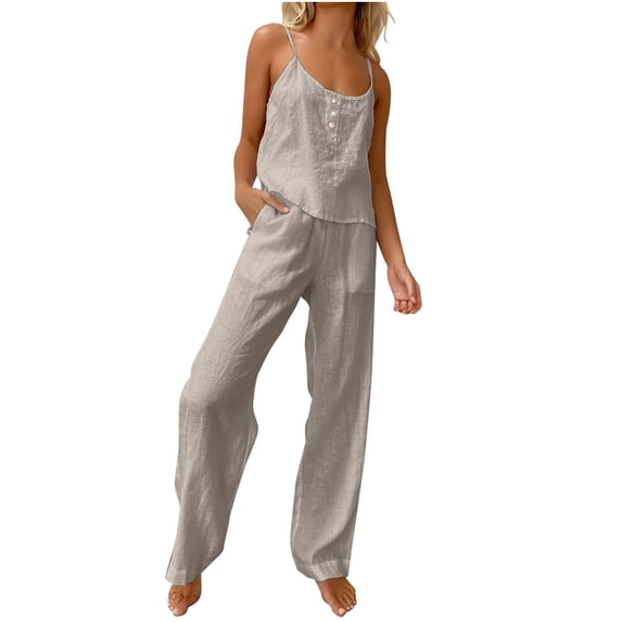 biudgviw Lounge Sets for Women Henley Tank Top Matching Wide Leg Pants Set Summer Sleeveless Two Piece Going out Outfits