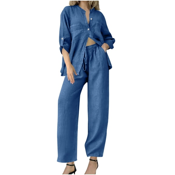 biudgviw Lounge Sets for Women Loose Collared Adjustable Long Sleeve Buttons down Shirts Wide Leg Pants Fall Outfits