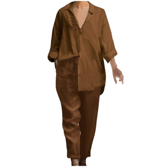 biudgviw Lounge Sets for Women Plus Size Collared Long Sleeve Buttons down Blouses Comfy Loose Trousers Casual Outfits