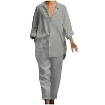 biudgviw Lounge Sets for Women Plus Size Collared Long Sleeve Buttons down Blouses Comfy Loose Trousers Casual Outfits