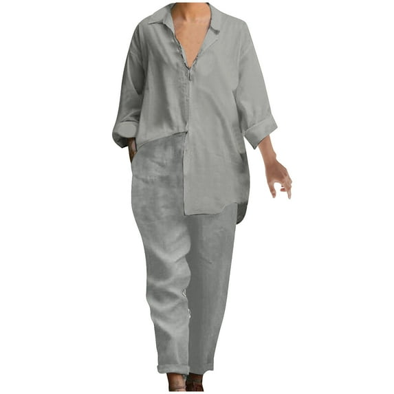 biudgviw Lounge Sets for Women Plus Size Collared Long Sleeve Buttons down Blouses Comfy Loose Trousers Casual Outfits