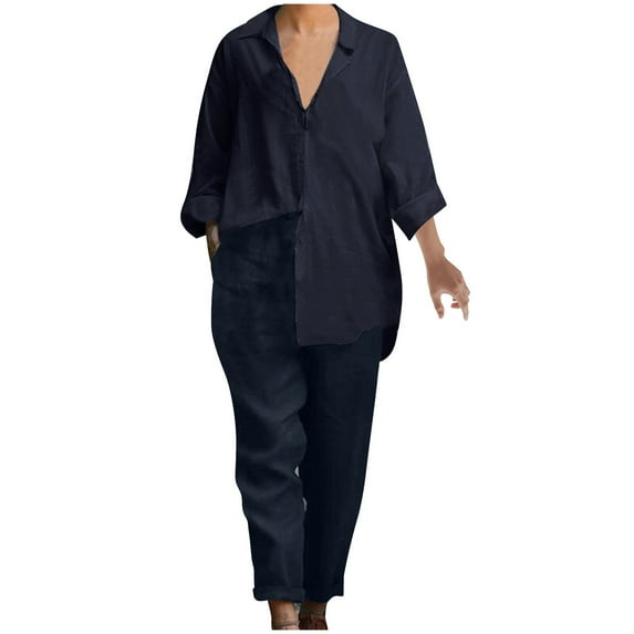 biudgviw Lounge Sets for Women Plus Size Collared Long Sleeve Buttons down Blouses Comfy Loose Trousers Casual Outfits