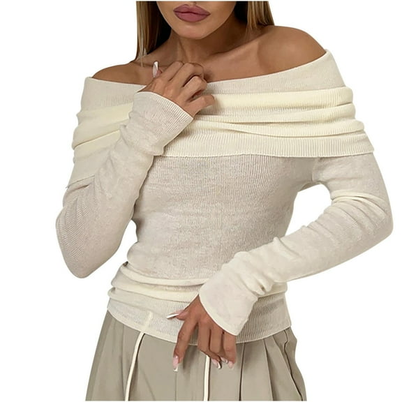 biudgviw Lounge Sweater for Women Soft Stretch Long Sleeve Folded Off-Shoulder Going out Shirts Fashion Knit Sweater Tops