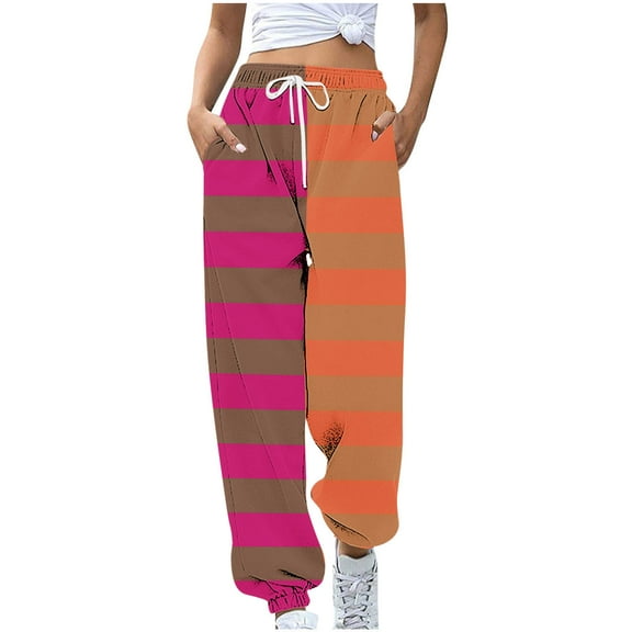 biudgviw Lounge Sweatpants for Women High Elastic Waisted Comfy Trousers with Pockets Fashion Striped Patchwork Pants