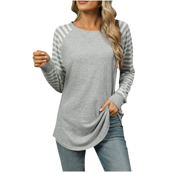 biudgviw Lounge Tops for Women Fall Comfy Long Sleeve Crewneck Basic Tunic Blouses Fashion Color Block Beach T-Shirts