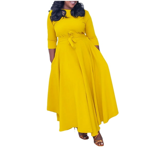 biudgviw Maxi Dress for Women Fashion 3/4 Sleeve Crewneck Solid Color Party Dress Fall Flowy Belted Ruffle Dresses