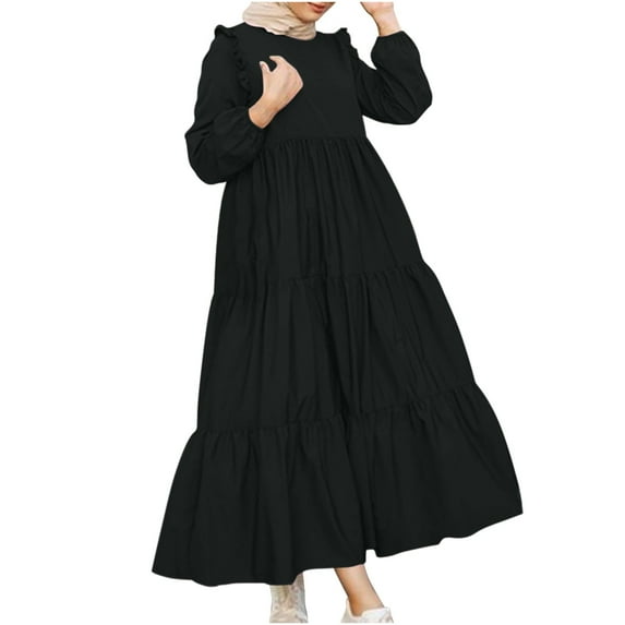 biudgviw Maxi Dresses for Women Fall Flowy Tiered Ruffle Long Dress Fashion Comfy Long Sleeve Solid Color Dress