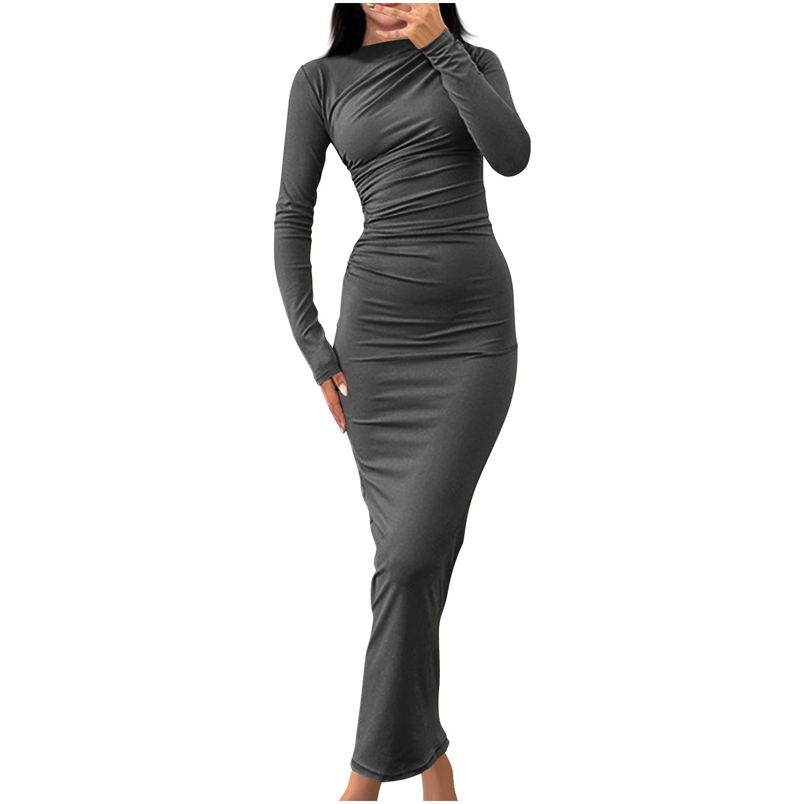 Biudgviw Maxi Dresses for Women Fashion Long Sleeve Mock Neck Bodycon Dress Slim Lounge Fall Long Party Dress, Women's, Size: Small, Blue