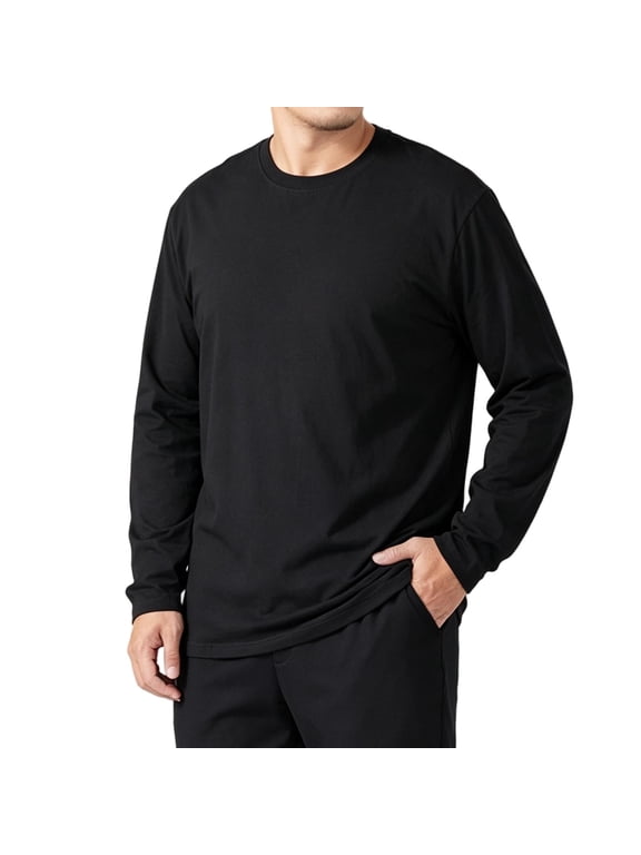 Men Big and Tall Shirts Classic Fit Crew Neck Tshirt Casual Rolled Up Long Sleeve Tops Soft Basic Tees for Daily Wear(Black,Medium)