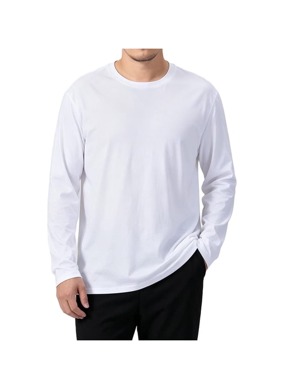 Men Big and Tall Shirts Classic Fit Crew Neck Tshirt Casual Rolled Up Long Sleeve Tops Soft Basic Tees for Daily Wear(White,XX-Large)