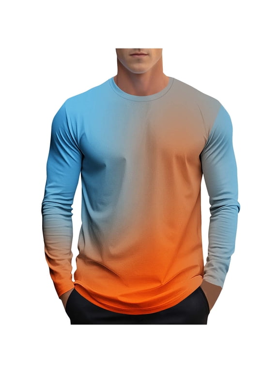 Men's Big and Tall Long Sleeve Shirts Gradient Print Soft Crewneck Tops Fashion Casual Sports Fitness Tees S-4XL
