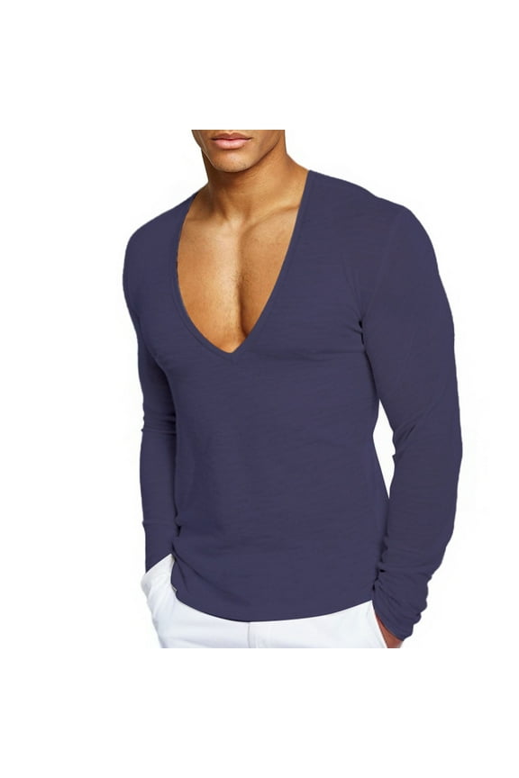Men's Big and Tall Shirts Deep V Neck Long Sleeve Cotton Tops Elastic Casual Quick Dry Fitness Muscle T-Shirt M-XXXL