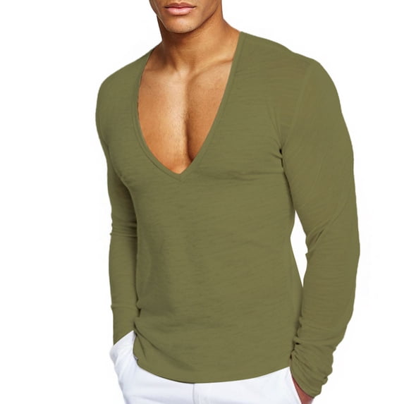 biudgviw Men's Big and Tall Shirts Deep V Neck Long Sleeve Cotton Tops Elastic Casual Quick Dry Fitness Muscle T-Shirt M-XXXL