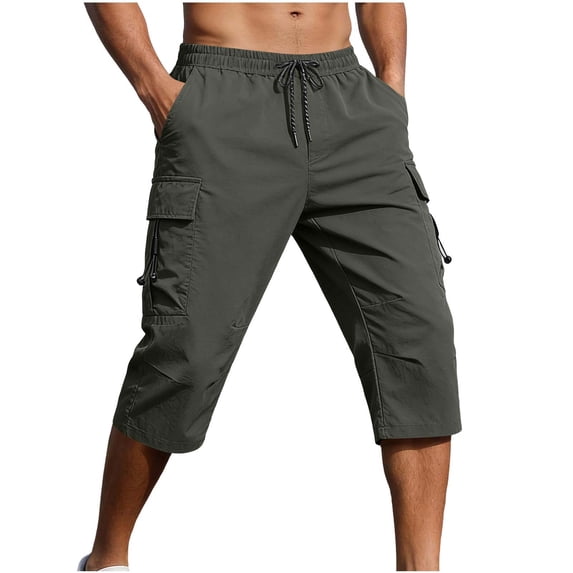 biudgviw Men's Cargo Shorts Elastic Waist Casual Baggy Capri Pants Lightweight Outdoor Below Knee Length Workwear Shorts with Multi Pockets