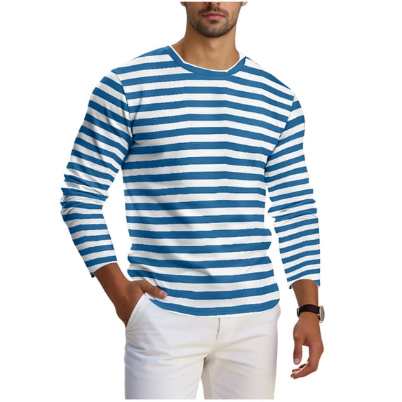 biudgviw Men's Casual Striped Shirts Stylish Long Sleeve T-Shirt Comfortable Crewneck Basic Tee Tops for Daily Wear(Light Blue,Medium)
