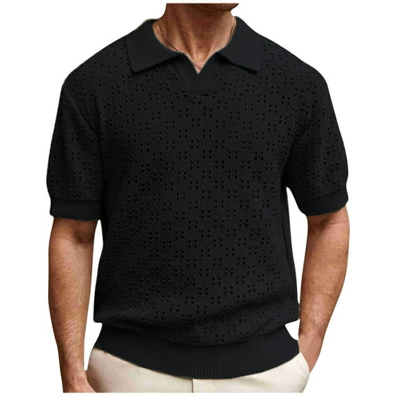 biudgviw Men's Casual T-Shirts Fashion Hollow Out Crochet Tops Textured Loose Fit Lapel Short Sleeve Shirts Summer Clothes